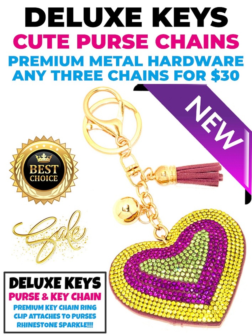 DeLuxe Keys Rhinestone Keychain/Purse Chain TRI COLOR HEART